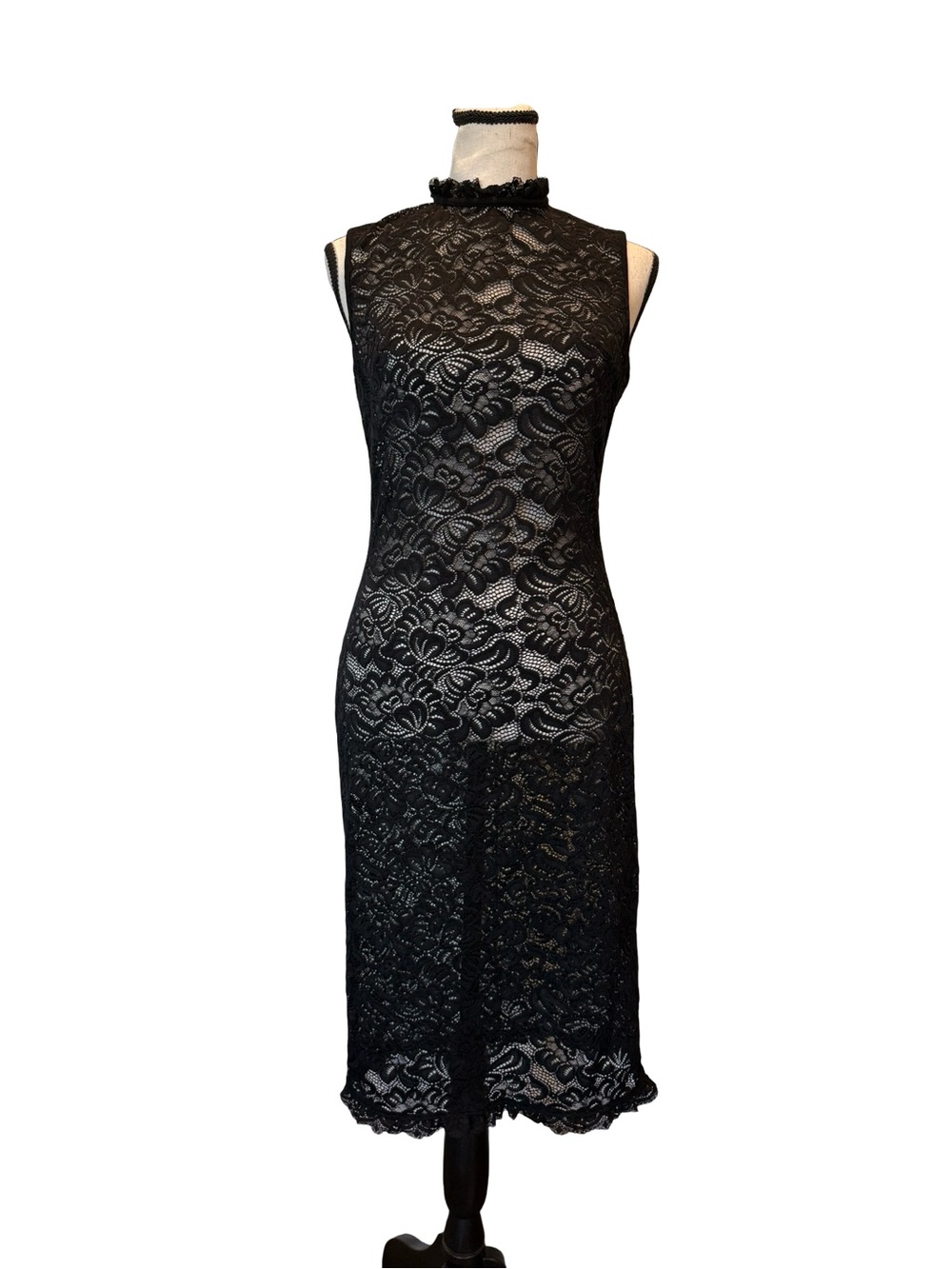 Bebe Black Lace Sheath Dress Mock Neck Sleeveless Cocktail Midi Dress Medium